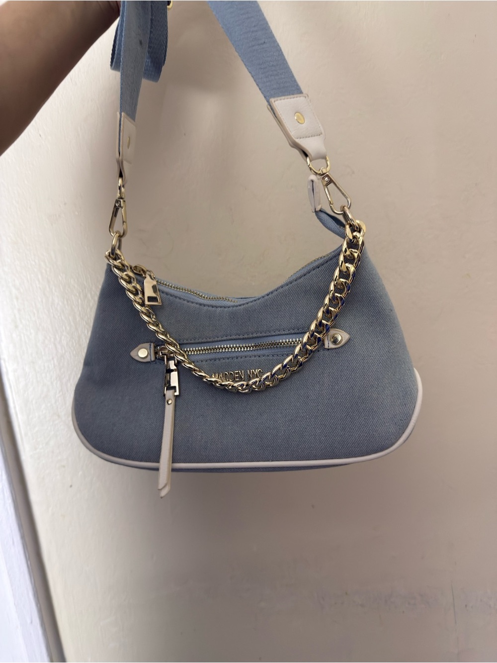 Light Blue Canvas Shoulder Bag with Gold Chain